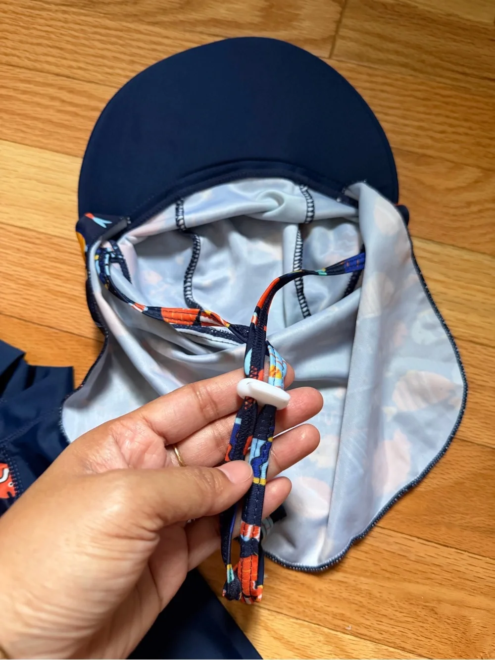 Kids Navy Blue Fish Print Long Sleeve Rash Guard Suit with hat